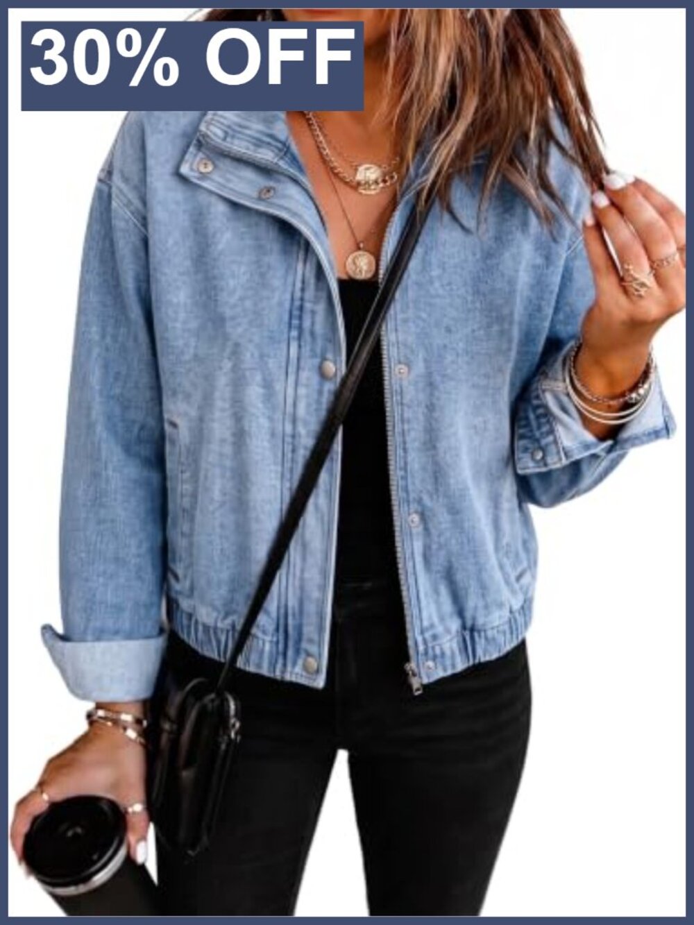 Cropped Oversized Denim Jacket Zip Up Bomber Stand Collar Women's